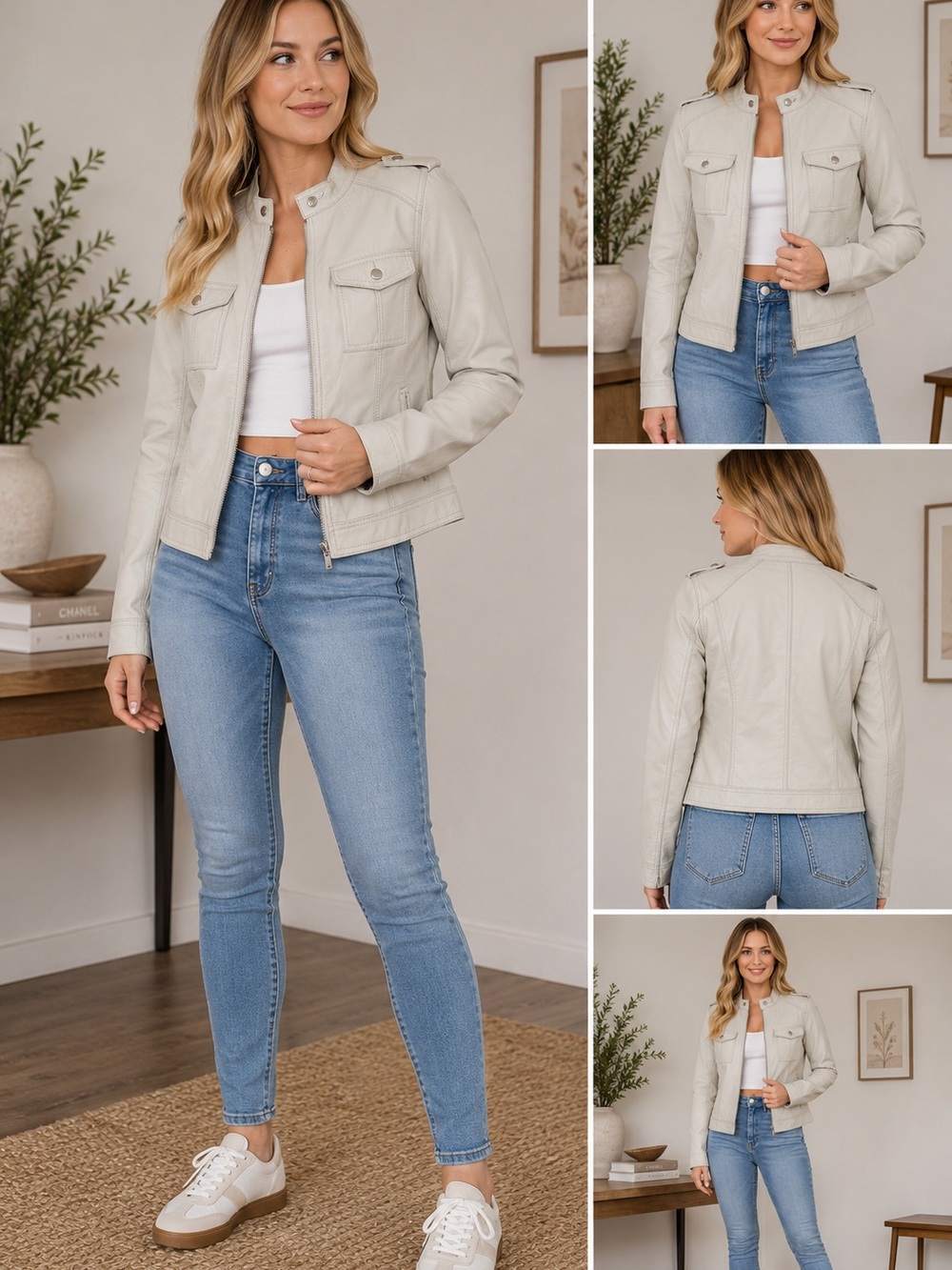 Attention Genuine Leather Moto Jacket Cream Ivory Zip Front Size 6 Chic Minimal